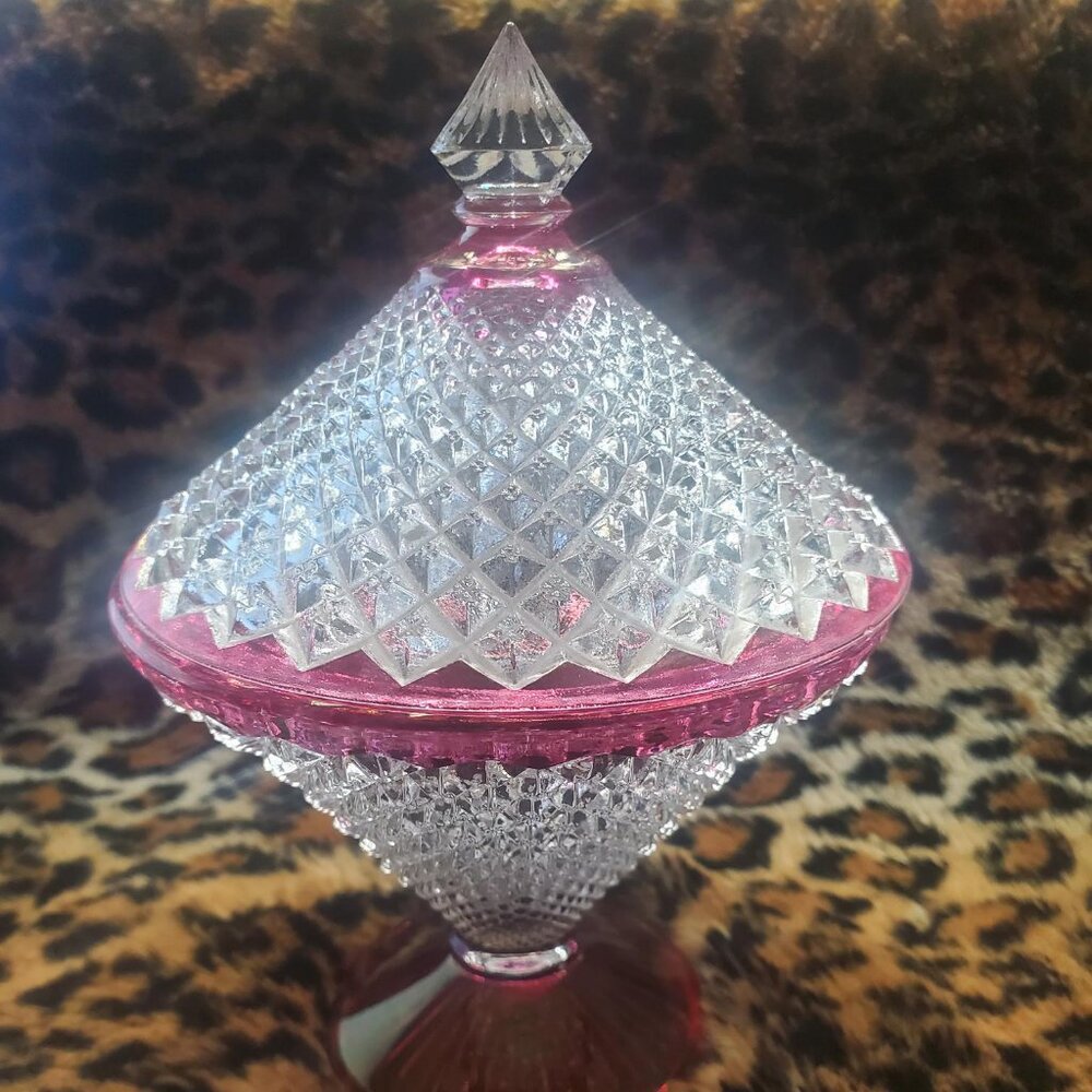 Unique Vintage Westmoreland Candy Dish - Cranberry Glass Trim - Diamond Cut Glas